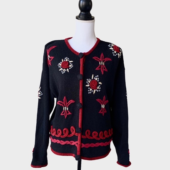 VINTAGE AMANDA SMITH EMBROIDERED EMBELLISHED FLORAL CARDIGAN SWEATER - Picture 6 of 16